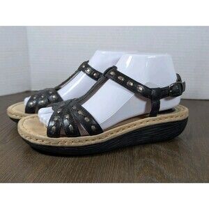CLARKS Strappy Sandals Womens 8 Black Leather Buckle Studded Low Wedge